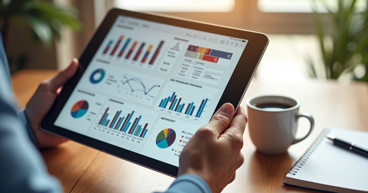 Pessoa analisando relatório digital de desempenho de marketing em tablet 