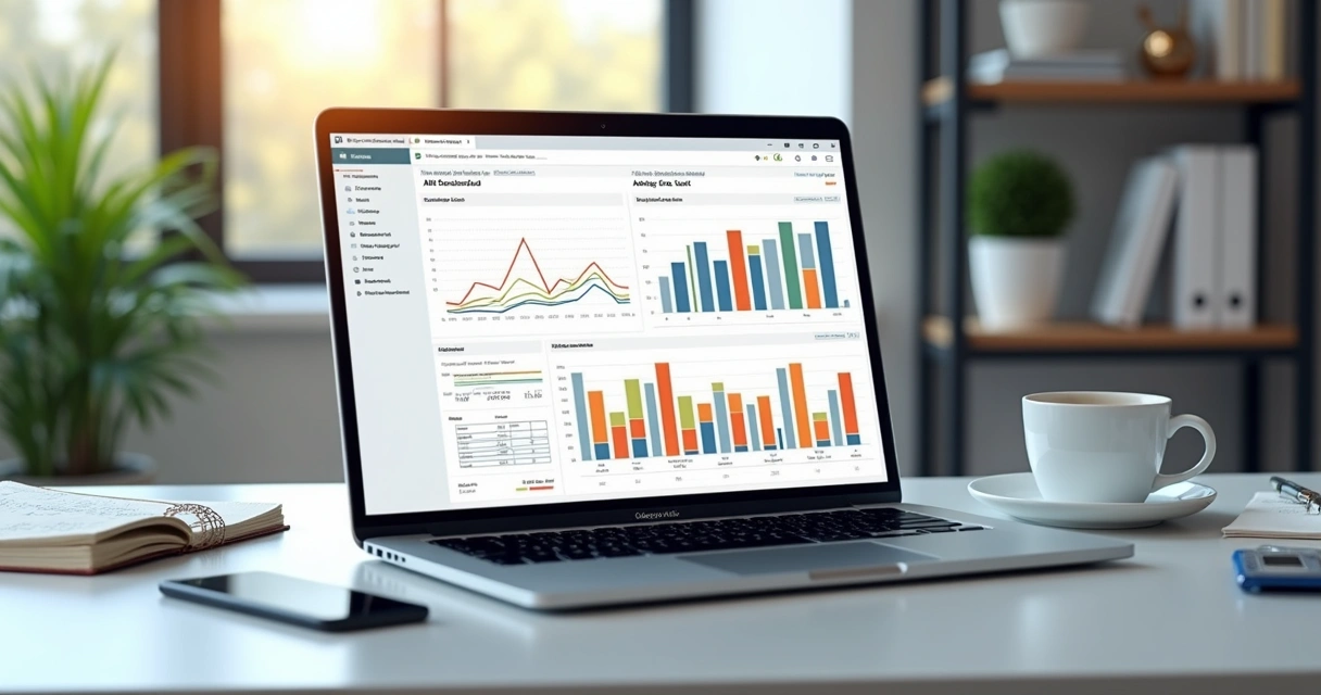 Computador com tela exibindo gráficos de desempenho em vendas e indicadores visuais coloridos 