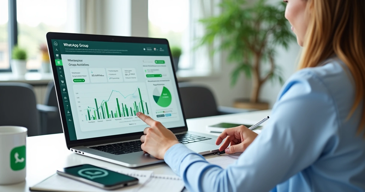 Gestor analisando relatório diário de grupo de WhatsApp no computador 