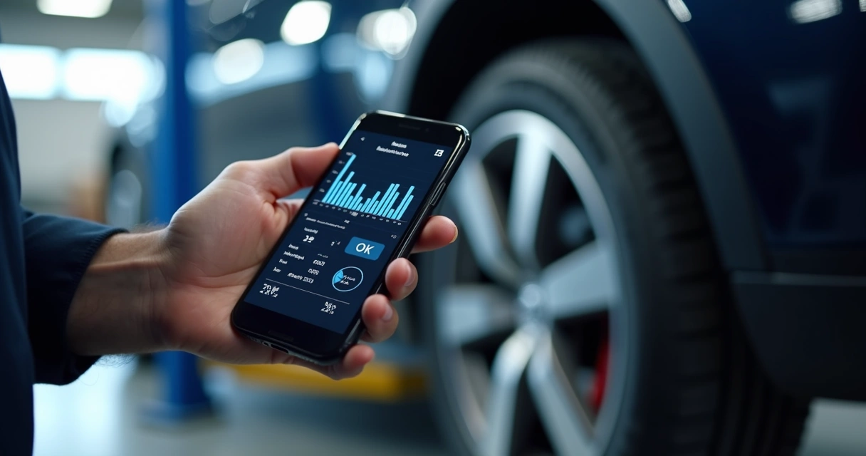 Relatório digital de balanceamento de pneus em celular 