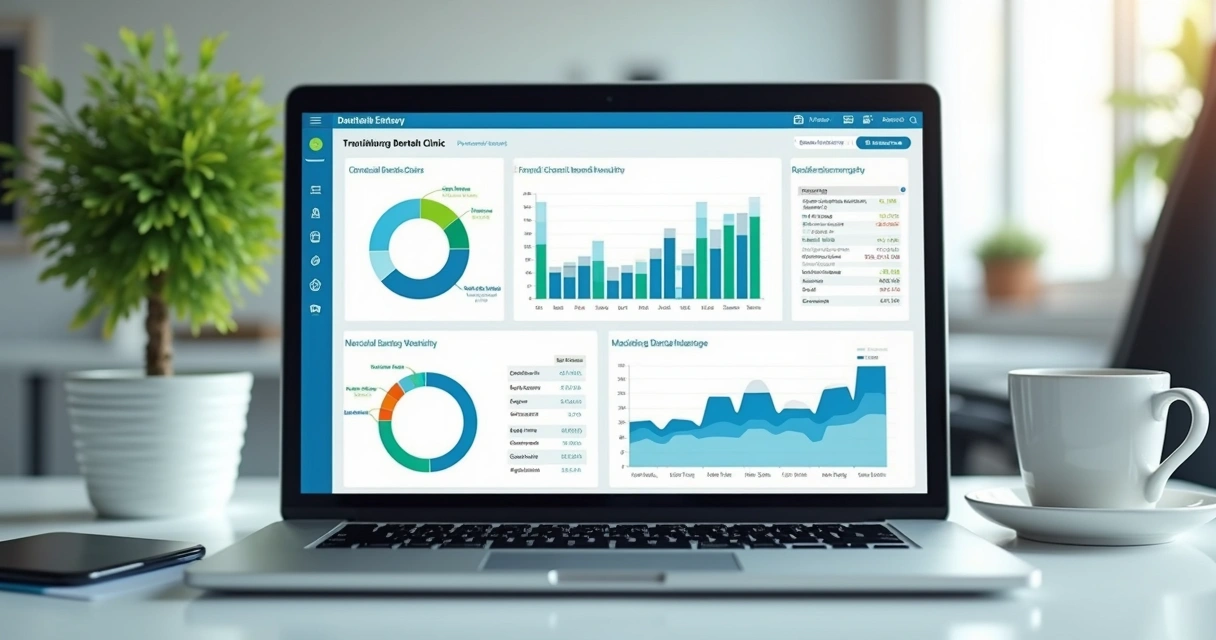 Relatório digital de finanças para clínica odontológica na tela do notebook 