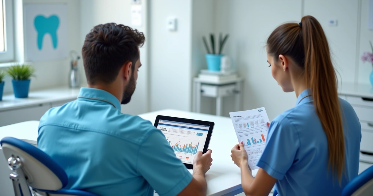 Gestor vendo relatório digital da clínica odontológica em tablet 