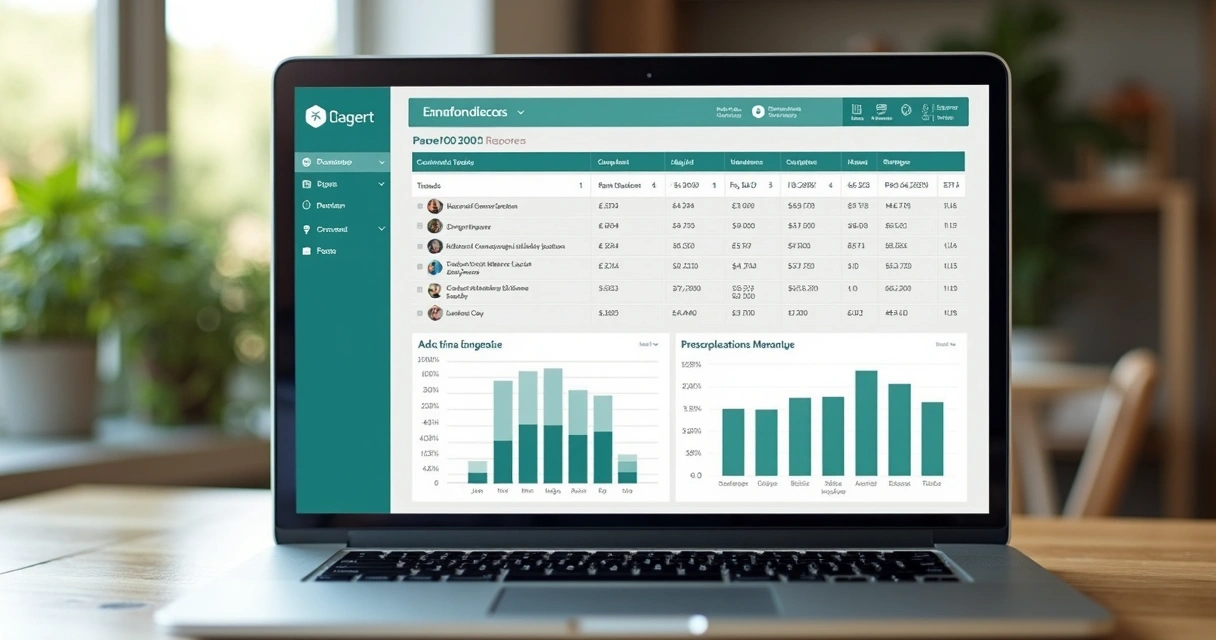 Relatório digital de gestão condominial em tela de notebook 