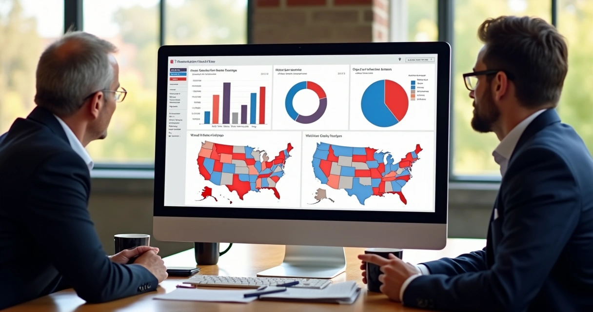 Dashboard digital de relatórios políticos com gráficos coloridos em tela de computador 