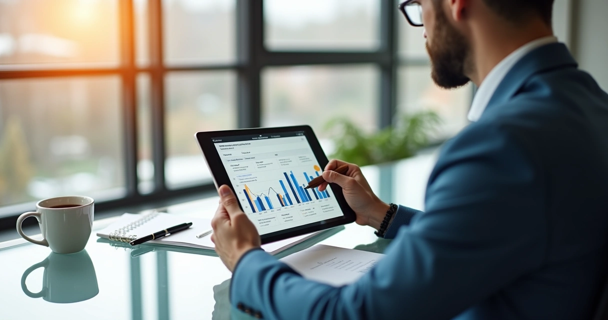 Corretor analisando relatórios digitais de vendas imobiliárias 