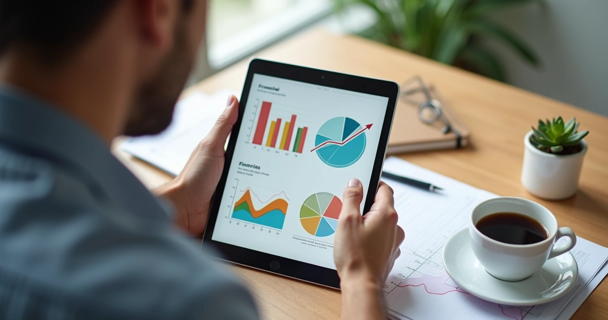 Microempresário analisando relatório financeiro digital em tablet, gráficos coloridos, fundo leve e moderno 