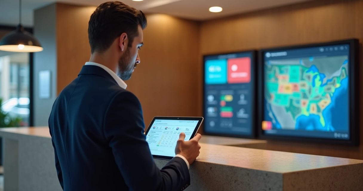 Gestor olhando relatórios em tablet na recepção de hotel 