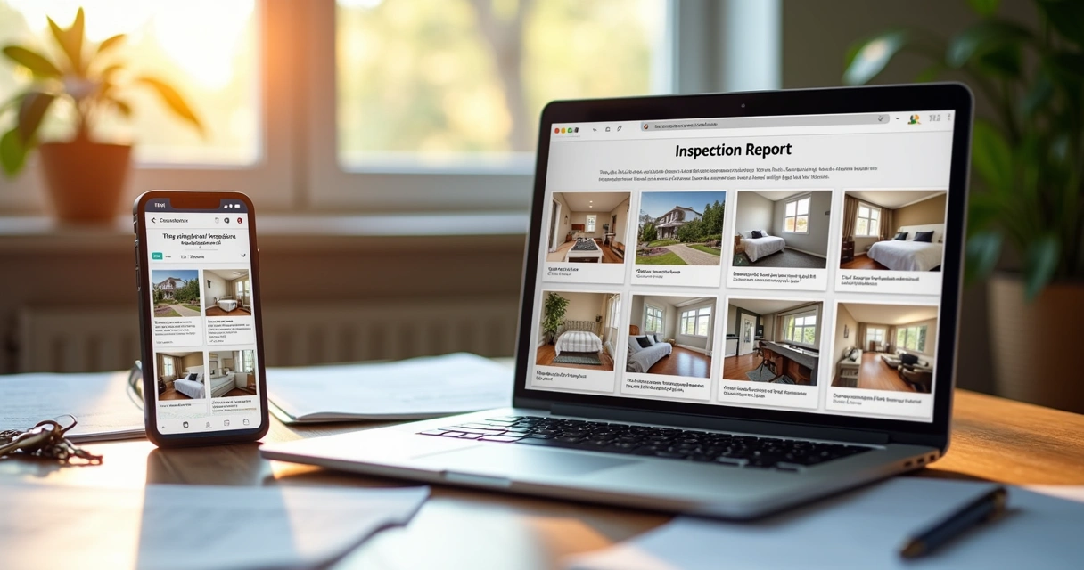 Laudo digital de vistoria exibido em notebook e smartphone