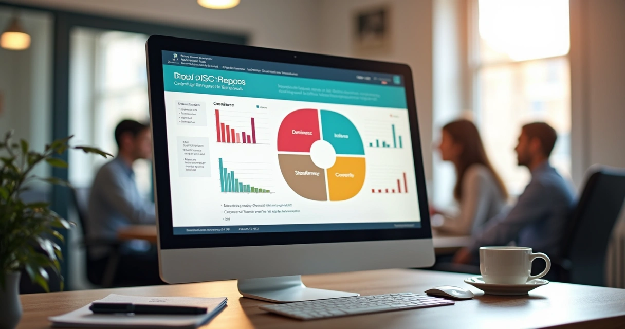Relatório de perfil comportamental DISC exibido em tela de computador sobre mesa de escritório 