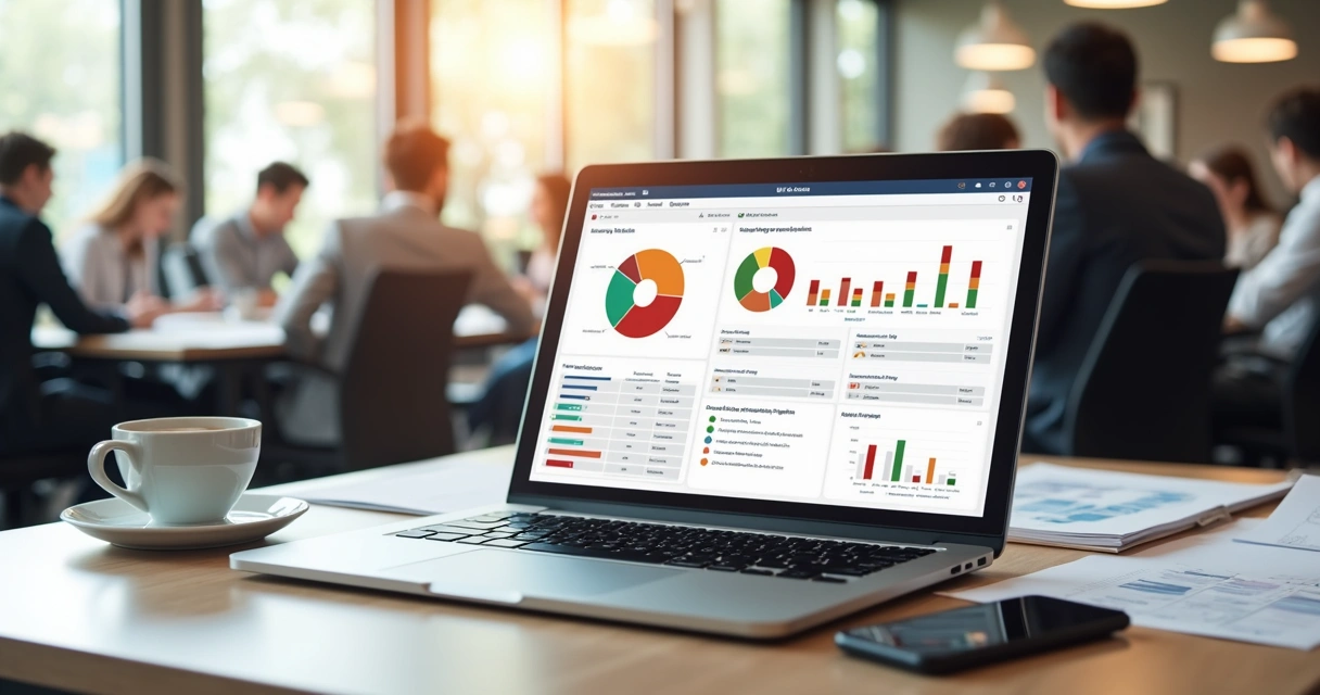 Relatório DISC exibido em tela de notebook em ambiente empresarial