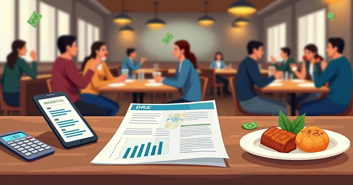 Relatório DRE em uma mesa de restaurante, com gráficos, comida e ambiente acolhedor