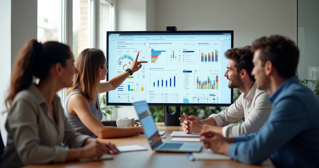 Equipe política analisando relatório digital em um notebook 