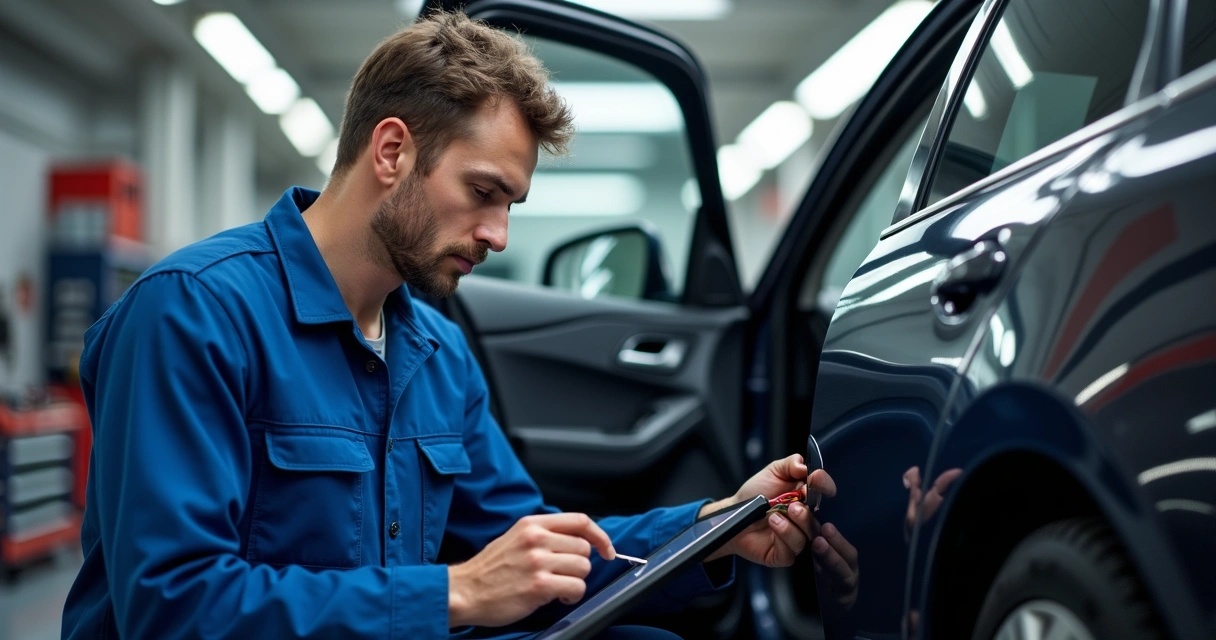 Eletricista automotivo analisando chicote elétrico do veículo