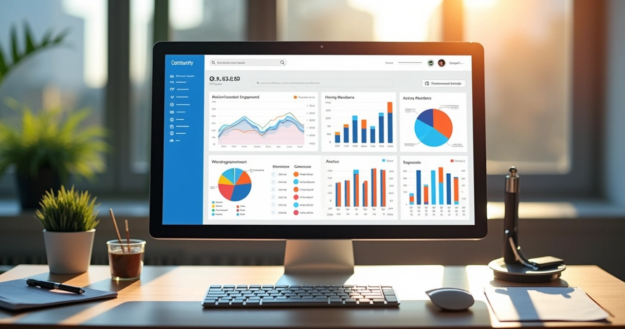 Painel de relatórios de engajamento em comunidades online, gráficos coloridos e lista de membros ativos 