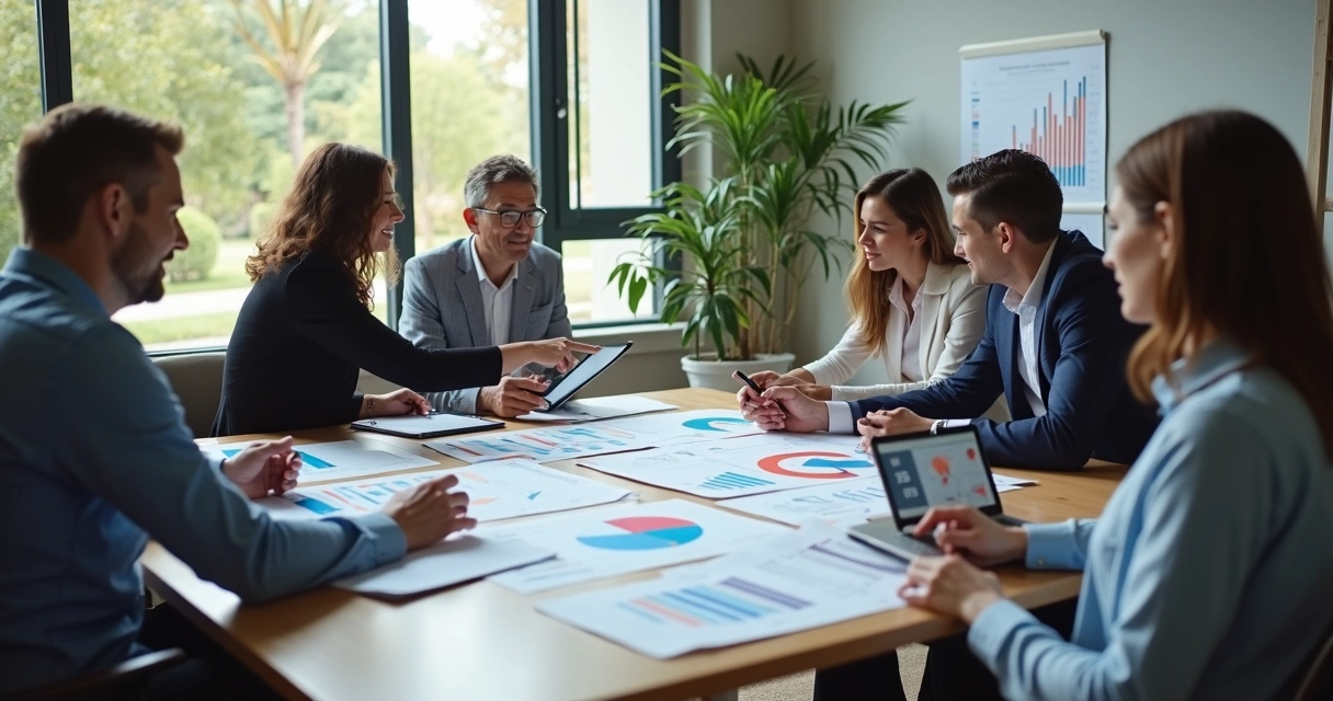 Equipe de vendas analisando relatórios em uma sala de reunião. 