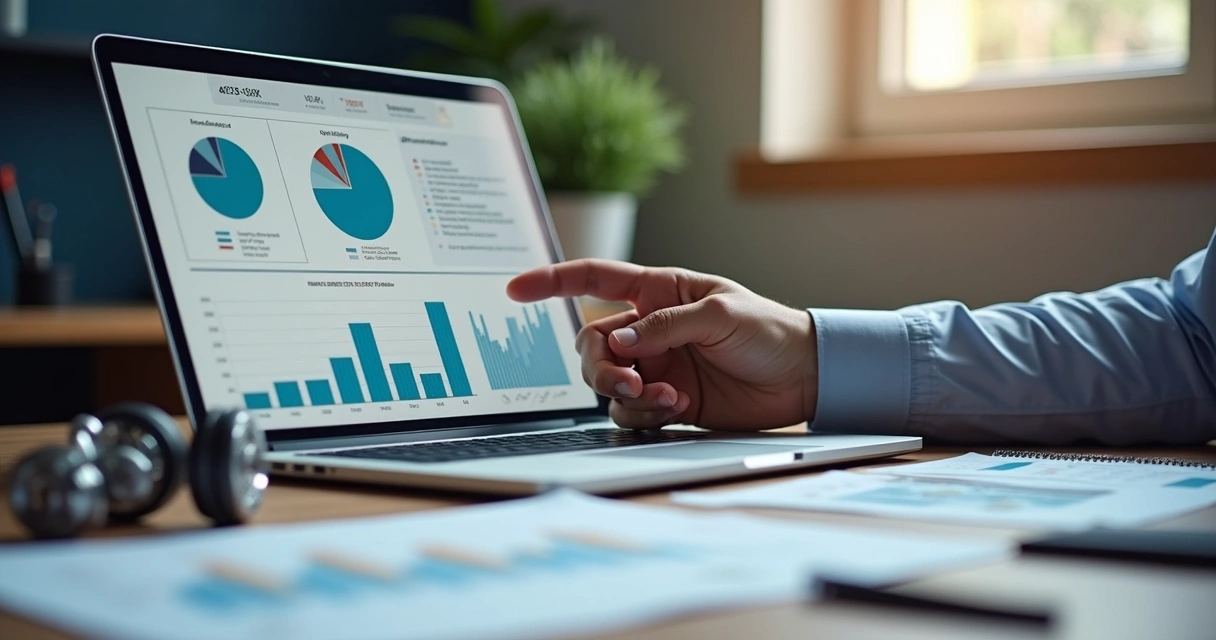 Gestor analisa relatório financeiro em notebook com peças de carro ao lado