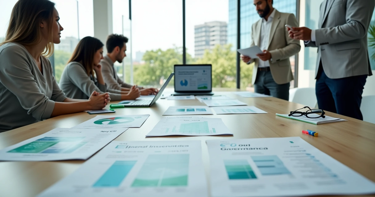 Equipe analisando relatório ESG com referências ABNT NBR ISO sobre a mesa 
