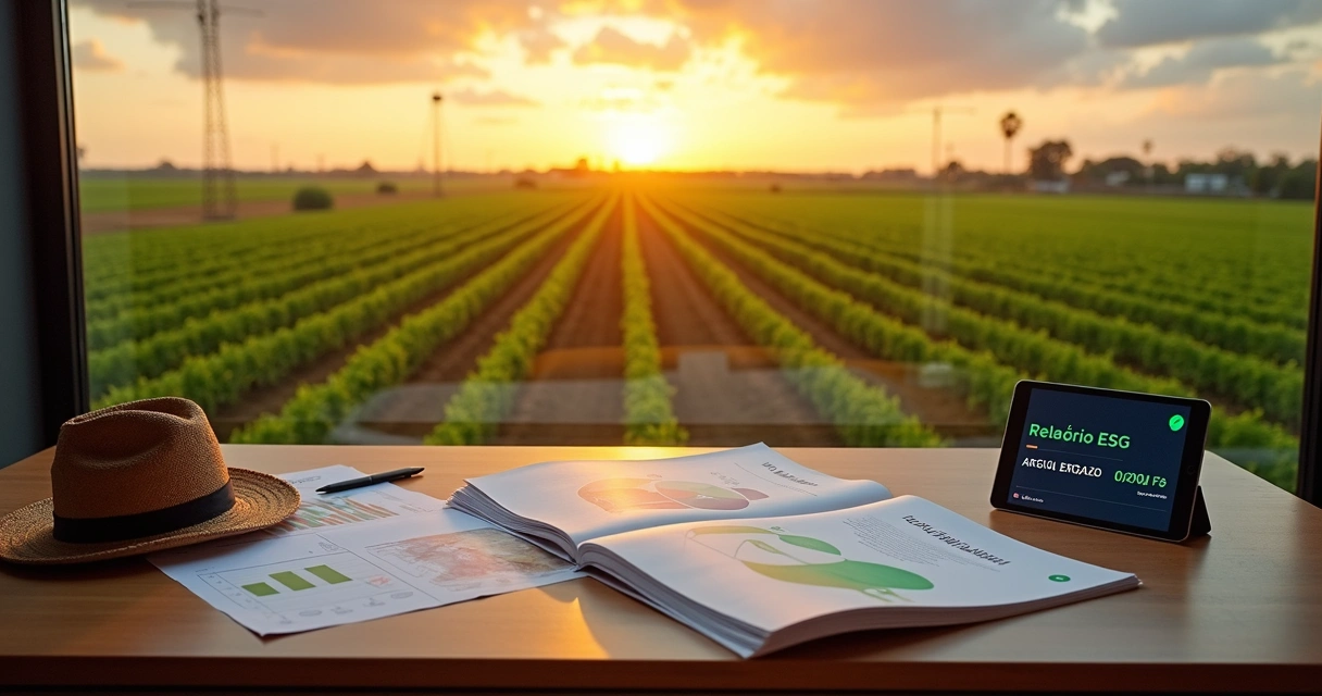 Relatório de sustentabilidade agro com gráficos ao lado de plantação vista pela janela 