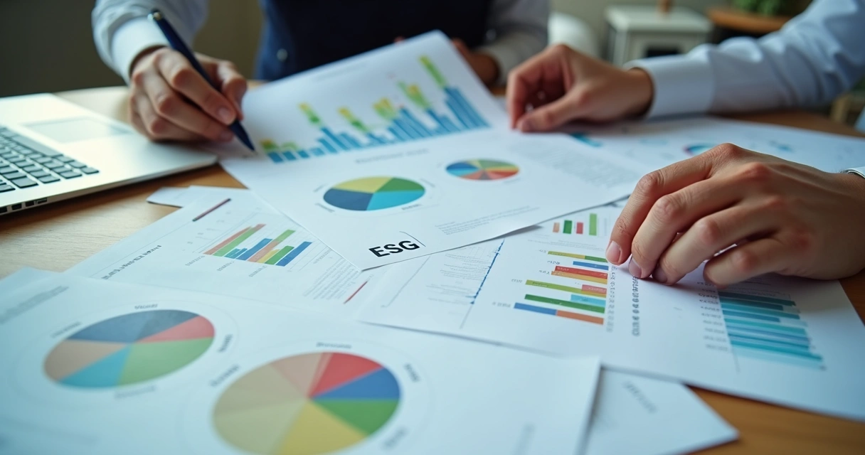 Relatório ESG e gráficos de análise sobre mesa de escritório 