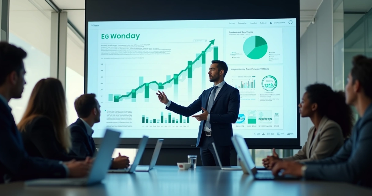 Executivo apresentando dados ESG em tela grande em sala de reuniões moderna 