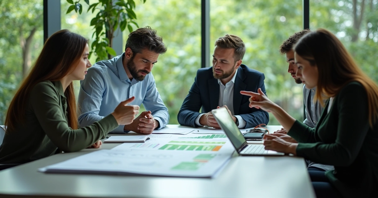 Mesa de reunião com relatório ESG, tablets, agrônomos discutindo dados 