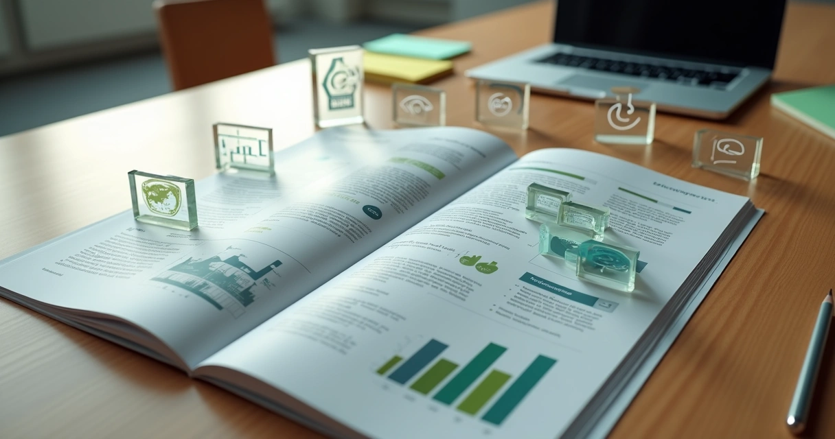 Relatório ESG aberto sobre mesa de madeira com ícones de estratégia e sustentabilidade ao redor 