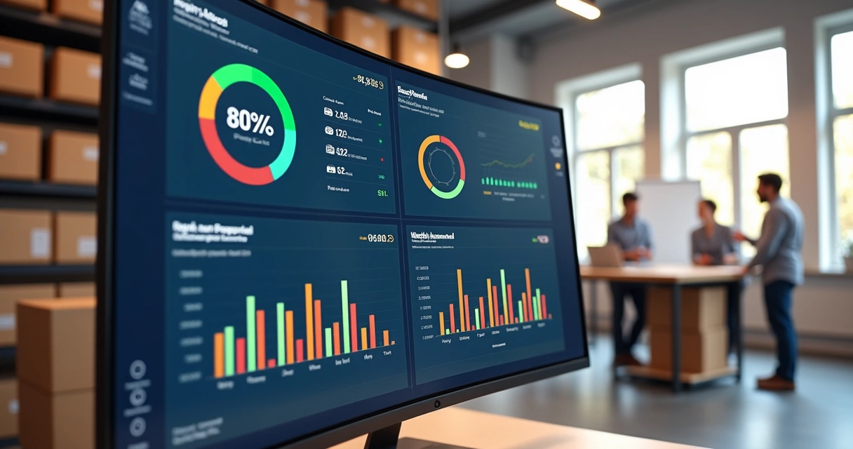 Relatório de estoque com gráficos e automação de reposição em tela de computador 