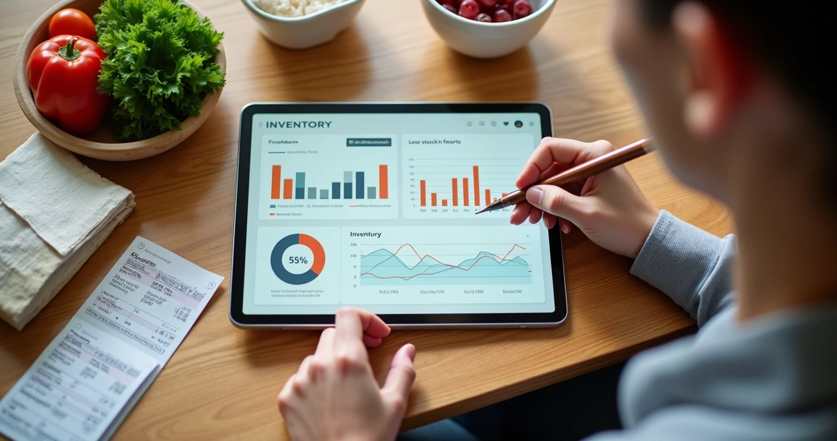 Relatório de estoque aberto no tablet em mesa de restaurante 