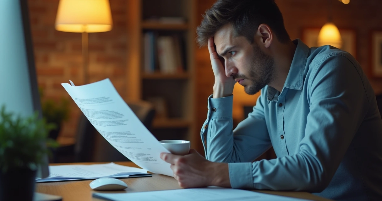 Pessoa analisando relatórios sonolenta, rosto apoiado na mão, expressão pensativa