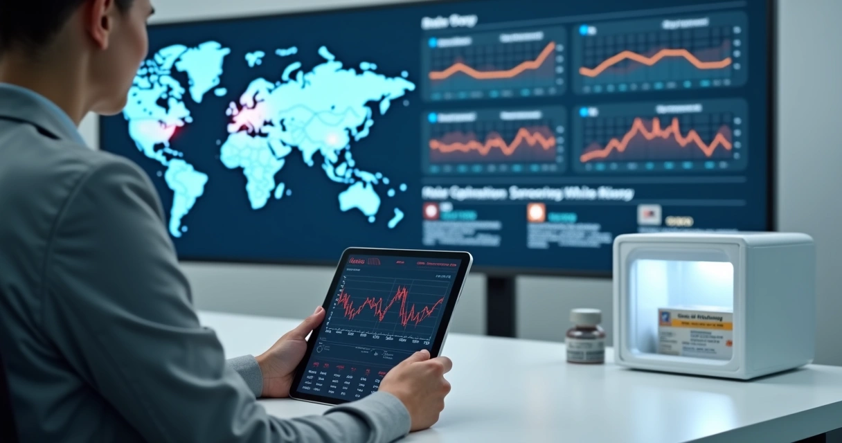 Profissional analisando relatório digital de eventos críticos da cadeia do frio em tablet conectado a sensores IoT 