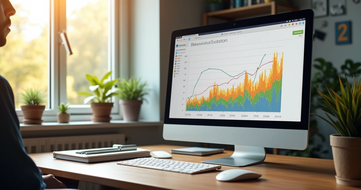 Dashboard colorido apresentando gráfico de evolução comportamental 