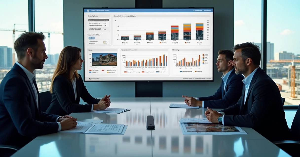 Executivos analisando relatório visual de obra em tela grande 