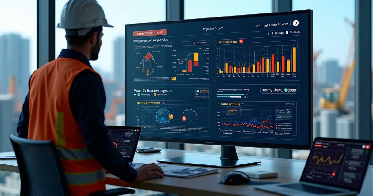 Profissional analisando relatório executivo digital em tela com gráficos de andamento físico-financeiro, indicadores de risco e alertas críticos em obra 