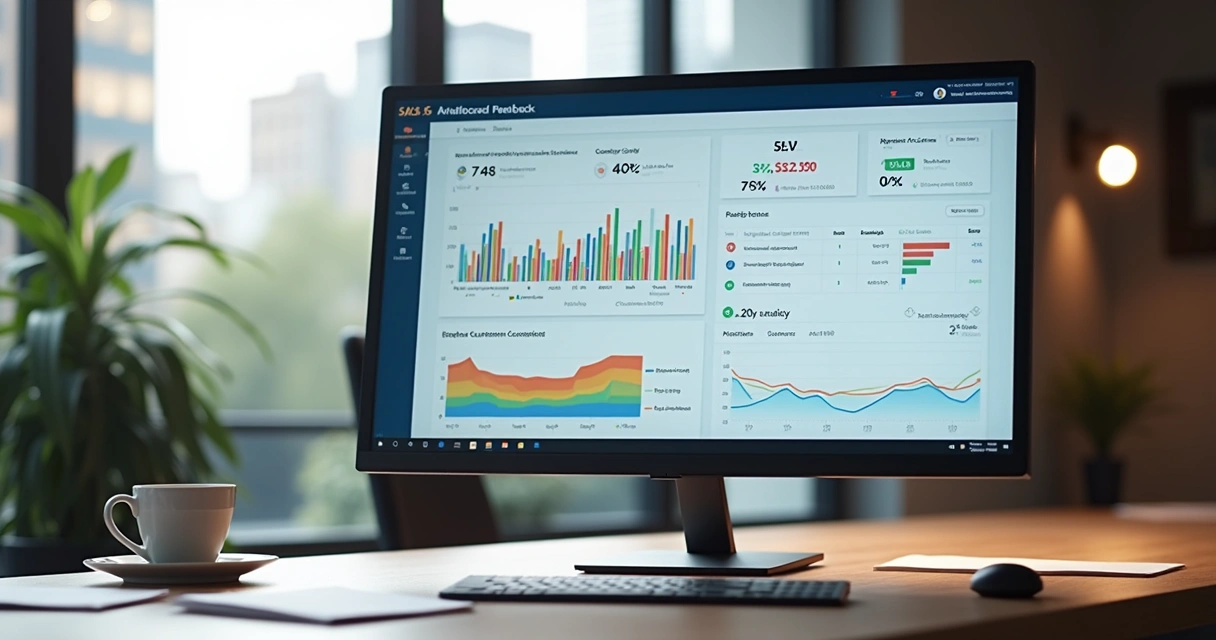 Dashboard ilustrando relatório de feedbacks de clientes em monitor widescreen