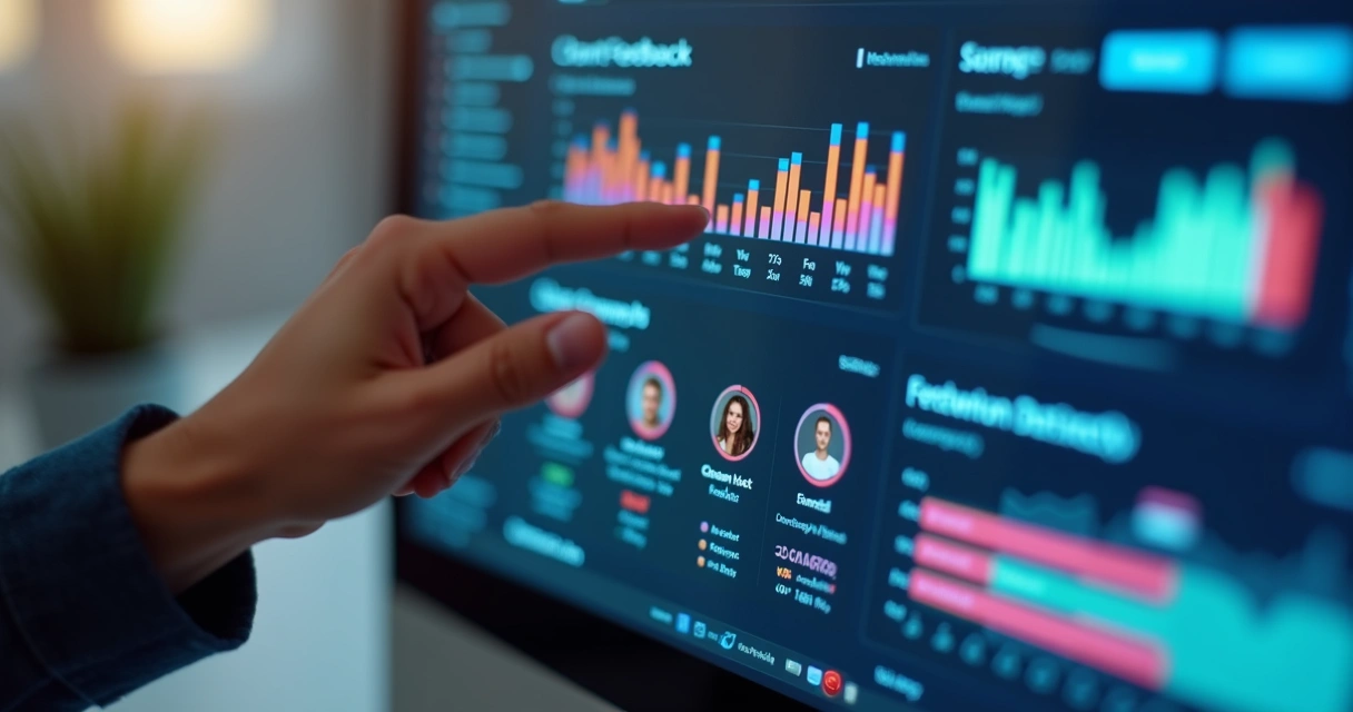 Tela de sistema com gráficos e feedback de clientes sobre atendimento 