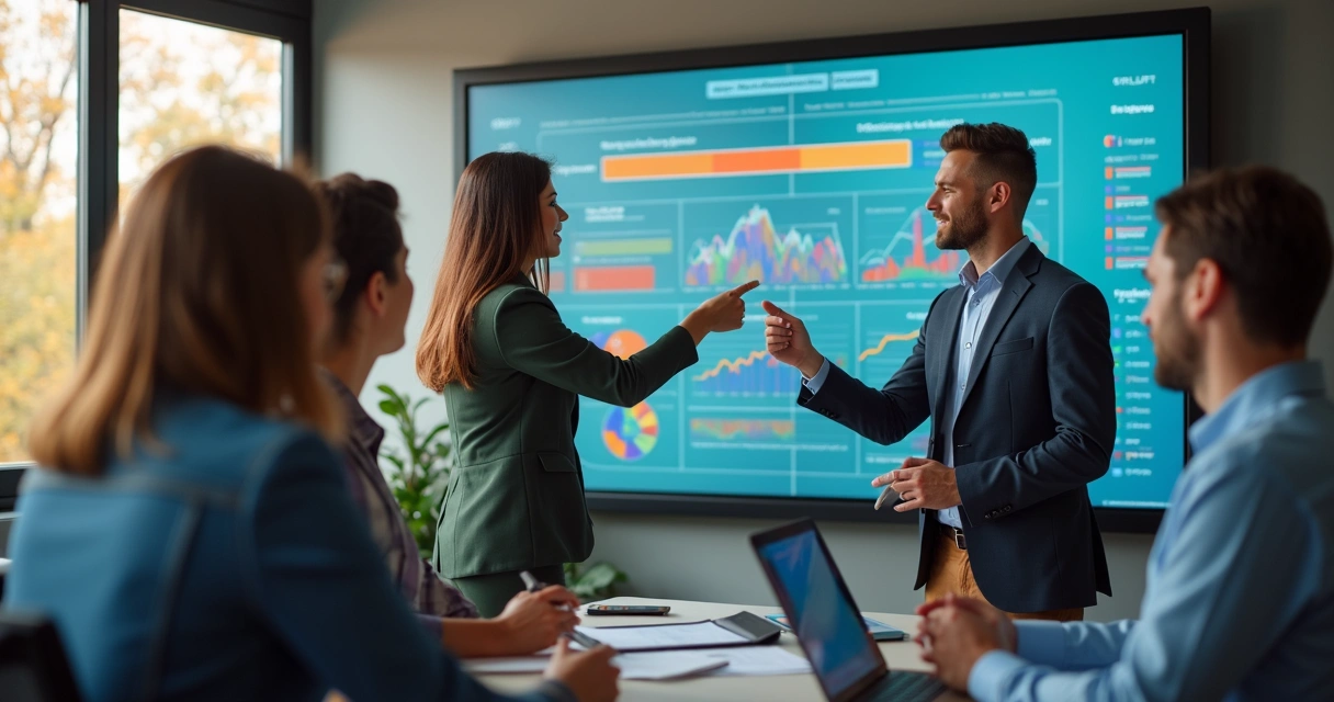 Relatório de feedback sendo analisado por equipe em uma tela grande 