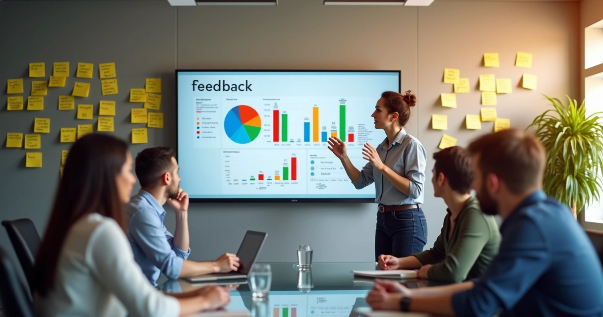 Gestor mostra relatório de feedbacks para equipe em reunião 