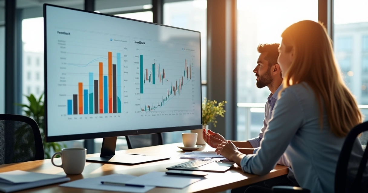 Relatório de feedbacks e gráficos financeiros combinados em tela de computador 