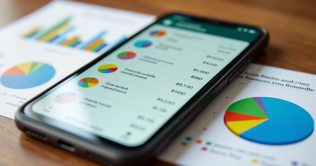 Relatório financeiro no WhatsApp exibido em celular sobre mesa com relatórios coloridos ao fundo 