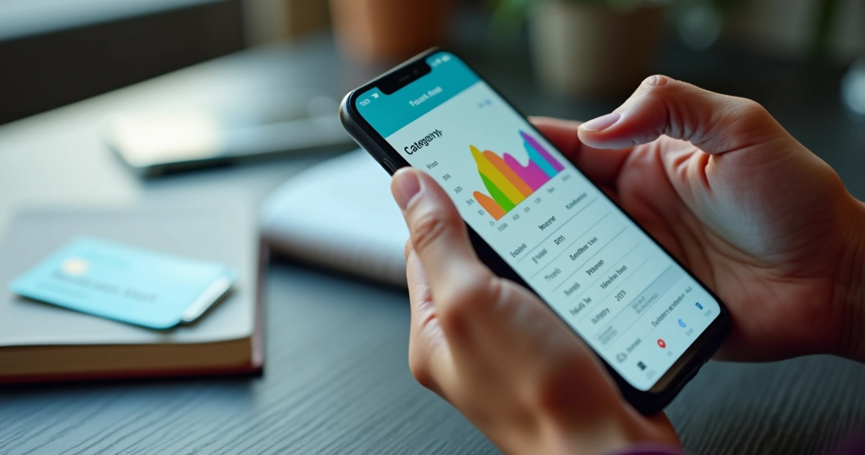 Pessoa analisando relatório de finanças no celular com gráficos de despesas de cartão