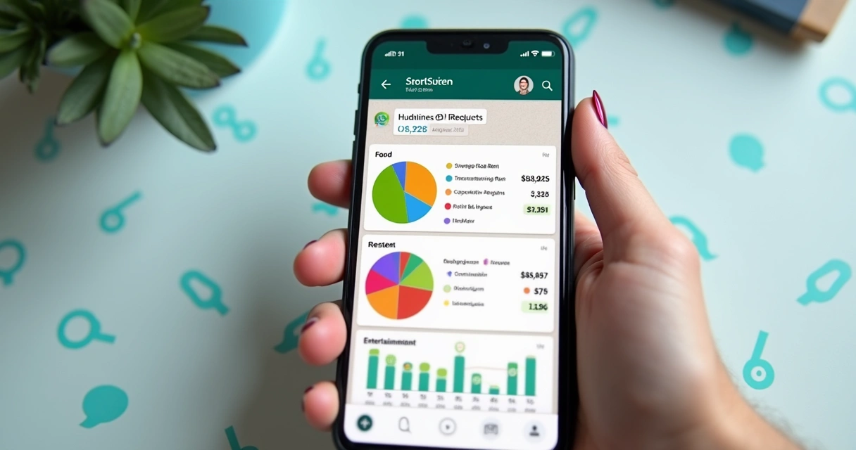Relatório de finanças enviado pelo WhatsApp, mostrando categorias de gastos em gráfico colorido 