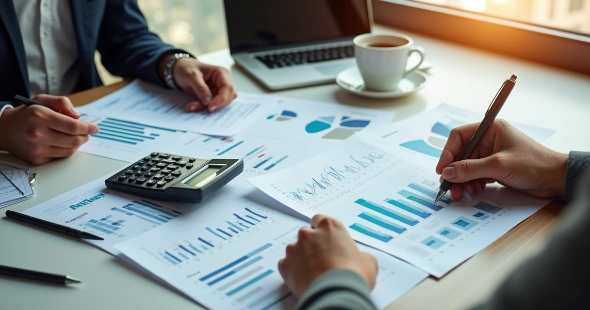 Pessoa analisando relatórios financeiros em mesa de escritório, papéis e planilhas, caneta na mão 