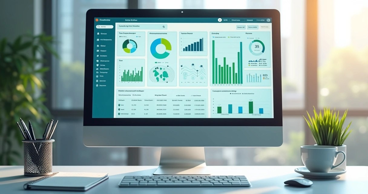 Relatório financeiro em tela grande com gráficos destacados 
