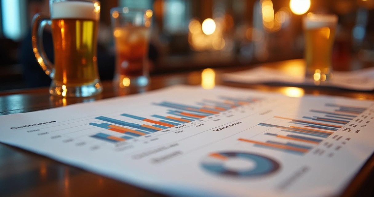 Relatório financeiro com gráficos e bebidas no fundo 