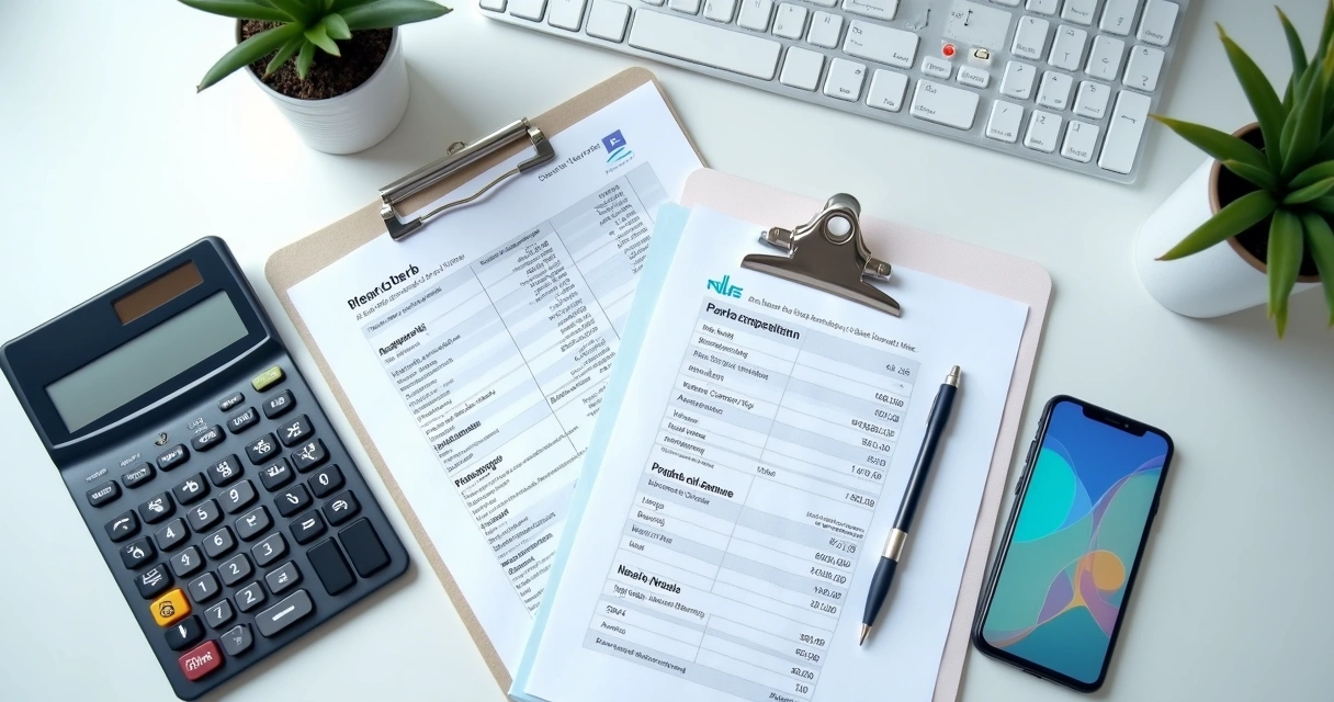 Relatórios financeiros e calculadora sobre mesa de clínica