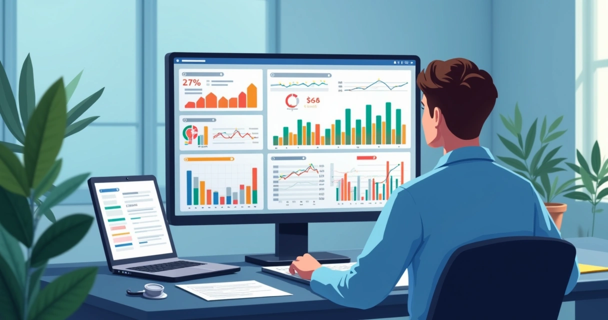 Dashboard financeiro de clínica com gráficos coloridos e tabelas digitais