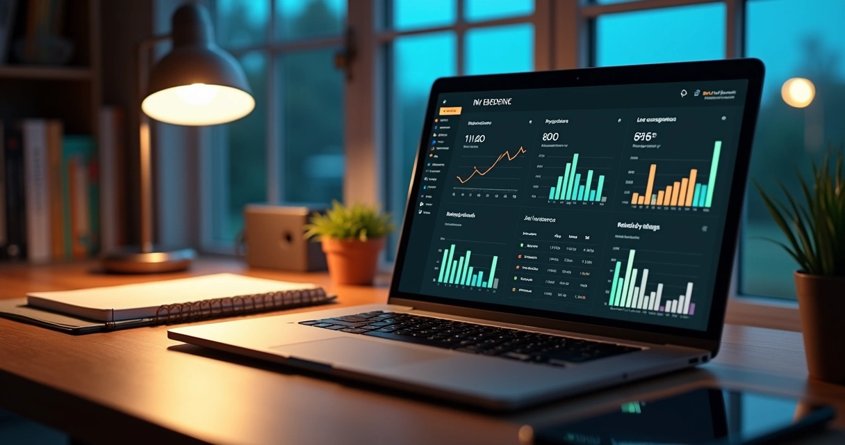 Mesa com laptop exibindo painel financeiro em software de código aberto 