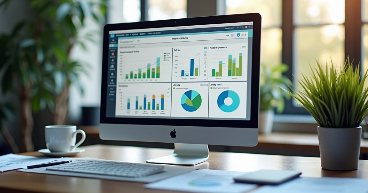 Relatório financeiro em tela de computador em mesa de escritório