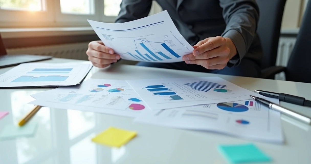 Relatório financeiro impresso com gráficos e tabelas sendo analisado por gestora. 
