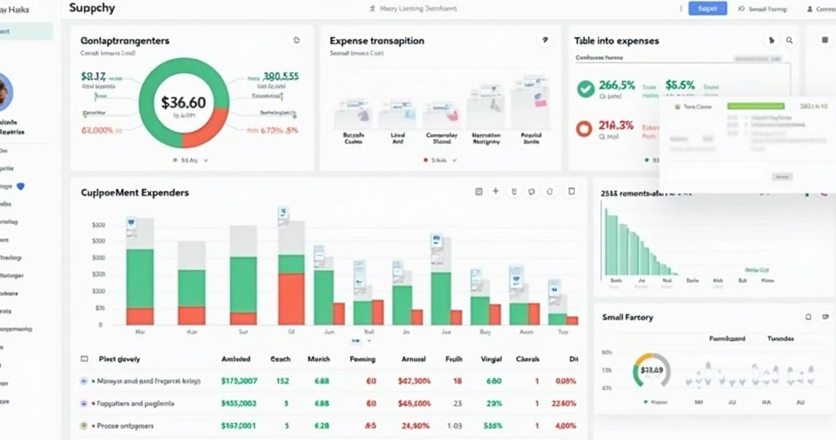 Painel financeiro de empresa com gráfico de barras comparando receitas e despesas detalhadas em cores vivas 